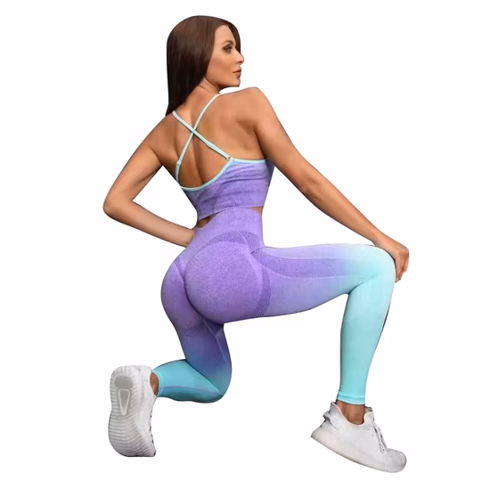 Gradient Color Change Hollow out Two-Piece Yoga Suit Ladies Sports Pants Gym Cross Vest and Leggings Ywqt0153